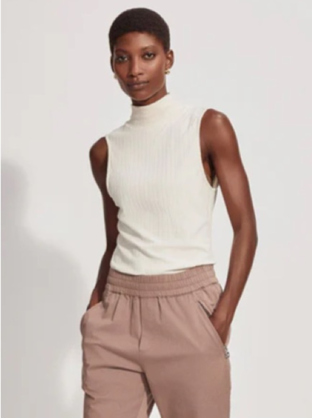 Varley Cream Ribbed Mock Neck Sleeveless Tank Top